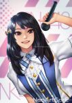  1girl arm_up artist_name black_hair bnk48 bow brown_eyes buttons cherprang_areekul commentary hair_bow holding holding_microphone long_hair microphone neoartcore parted_lips short_sleeves smile solo watermark web_address 