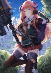  1girl absurdres arknights bagpipe_(arknights) bangs black_gloves black_legwear blonde_hair blue_eyes blunt_bangs blurry blurry_foreground building bush cape clouds cowboy_shot explosive eyebrows_visible_through_hair gloves grenade hands_up highres holding holding_polearm holding_weapon horns id_card leaf long_hair long_sleeves looking_at_viewer messy_hair parted_lips plaid plaid_skirt pleated_skirt polearm sidelocks skirt sky solo standing standing_on_one_leg tallon thigh-highs thighs weapon 