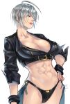  abs angel_(kof) anima_(togashi) blue_eyes bra breasts chaps cropped_jacket fingerless_gloves gloves hair_over_eyes hair_over_one_eye hand_on_hip highres jacket large_breasts leather leather_jacket mexican muscular muscular_female snk strapless strapless_bra the_king_of_fighters the_king_of_fighters_2001 the_king_of_fighters_xiv toned underwear white_hair 
