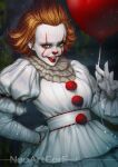  1girl artist_name balloon facepaint genderswap genderswap_(mtf) holding holding_balloon it_(stephen_king) juliet_sleeves long_sleeves neck_ruff neoartcore open_mouth orange_eyes orange_hair pennywise puffy_sleeves short_hair smile solo upper_body 