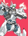  av-98_ingram baton head_tilt highres holding holding_weapon kidou_keisatsu_patlabor looking_down mecha no_humans osakana_(denpa_yun&#039;yun) police red_background science_fiction sketch solo visor weapon 