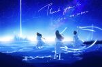  3girls black_hair blue_sky constellation dress from_behind highres long_hair multiple_girls partially_submerged ribbon short_hair sky sora_tob_sakana star_(sky) starry_sky water white_dress white_ribbon yutsukidayo 