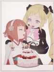  2girls :d black_bow black_gloves blonde_hair bow cake character_doll closed_eyes commentary elise_(fire_emblem) english_commentary fire_emblem fire_emblem_fates food gloves hair_bow hairband hands_on_another&#039;s_shoulders highres long_hair multiple_girls open_mouth orange_hair pink_bow pumpkinspicelatte sakura_(fire_emblem) simple_background smile twintails very_long_hair violet_eyes white_background 