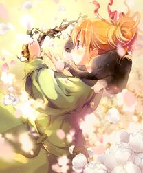  1girl animal_on_shoulder blush branch cat cat_on_shoulder closed_mouth coat flower from_side green_coat hand_up kuga_tsukasa long_sleeves orange_hair original profile smile solo violet_eyes white_flower 