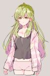  1girl ahoge bangs black_camisole braid camisole closed_mouth collarbone cropped_legs eyebrows_visible_through_hair green_eyes green_hair grey_background groin hair_between_eyes highres jacket long_hair long_sleeves looking_at_viewer meito_(maze) morinaka_kazaki multicolored_hair nijisanji open_clothes open_jacket pink_jacket pink_shorts purple_hair short_shorts shorts simple_background sleeves_past_wrists solo striped_jacket two-tone_hair very_long_hair virtual_youtuber 