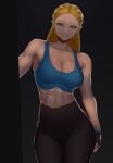  1girl abs absurdres alternate_costume black_gloves black_pants blonde_hair blue_bra bra braid breasts collarbone contemporary crown_braid fingerless_gloves gloves green_eyes highres leaning_to_the_side long_hair looking_at_viewer medium_breasts muscular muscular_female pants pointy_ears princess_zelda smile solo sports_bra the_legend_of_zelda the_legend_of_zelda:_breath_of_the_wild underwear yoga_pants zaki_(zaki_btw) 