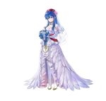  1girl absurdres blue_eyes blue_hair boots bouquet closed_mouth commentary_request dress feather_trim fire_emblem fire_emblem:_the_binding_blade fire_emblem_heroes flower full_body gold_trim high_heels highres holding kaya8 lilina_(fire_emblem) long_hair looking_at_viewer official_alternate_costume official_art shiny shiny_hair simple_background solo standing thigh-highs thigh_boots wedding_dress white_background white_dress white_footwear 