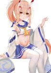  1girl ayanami_(azur_lane) azur_lane bandaid bandaid_on_arm bangs belt breasts choker collarbone commentary_request detached_sleeves eyebrows_visible_through_hair eyes_visible_through_hair hair_ornament hairclip headgear highres long_hair looking_at_viewer midriff mitsu336 navel orange_eyes parted_lips platinum_blonde_hair pleated_skirt ponytail retrofit_(azur_lane) ribbon-trimmed_sleeves ribbon_trim school_uniform serafuku sidelocks simple_background sitting skirt solo thigh-highs under_boob v-shaped_eyebrows white_background white_legwear wide_sleeves zettai_ryouiki 