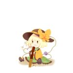  1girl :i absurdres blonde_hair boots bow eating food full_body green_eyes hat hat_bow heart heart_of_string highres holding holding_food komeiji_koishi moyo_(amaniwa) negative_space pocky short_hair simple_background sitting solo touhou white_background 