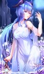  1girl bangs bare_shoulders blue_hair commentary_request curled_horns dress ekusera eyebrows_behind_hair full_moon ganyu_(genshin_impact) genshin_impact hair_between_eyes hand_up highres horns long_hair looking_away looking_to_the_side moon nail_polish night night_sky outdoors parted_lips purple_nails see-through sky sleeveless sleeveless_dress solo very_long_hair violet_eyes water wet wet_clothes wet_dress white_dress 