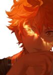  1boy absurdres bangs haikyuu!! hair_between_eyes highres hinata_shouyou looking_at_viewer male_focus orange_eyes orange_hair orange_theme oretsuu parted_lips signature simple_background solo sweat upper_body white_background 