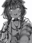  1girl :d animal_collar animal_ears blood blood_splatter blush bone_hair_ornament braid bright_pupils collar dog_ears greyscale hair_ornament hand_up head_tilt highres hololive inugami_korone jacket looking_at_viewer monochrome nanashi_(nlo) open_clothes open_jacket open_mouth simple_background smile solo twin_braids upper_body white_background wide-eyed 