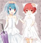  2girls :d bangs blue_eyes blue_hair bow bridal_veil cloak covered_mouth cowboy_shot dress elbow_gloves eyebrows_visible_through_hair flower gloves grey_background hair_bow hair_flower hair_ornament heterochromia highres holding holding_clothes holding_dress holding_hands holding_umbrella looking_at_another looking_at_viewer multiple_girls off-shoulder_dress off_shoulder open_mouth puchimirin purple_umbrella red_eyes redhead sekibanki short_hair smile standing tatara_kogasa touhou umbrella veil wedding wedding_dress white_bow white_gloves yuri 