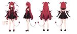  1girl absurdres ahoge amashiro_natsuki araka_luto black_dress black_footwear character_sheet demon_girl demon_tail demon_wings dress elbow_gloves english_commentary eyebrows_behind_hair gloves hair_ornament head_wings highres prism_project red_wings redhead shoes sleeveless tail wings 