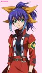  1girl ariamelos blue_hair closed_mouth green_eyes high_ponytail multicolored_hair serena_(yuu-gi-ou_arc-v) single_glove uniform yellow_bow yuu-gi-ou yuu-gi-ou_arc-v 