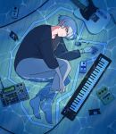  1boy barefoot black_shirt bracelet caustics chalk_outline commentary_request electric_guitar grey_hair grey_pants guitar highres instrument jewelry keyboard_(instrument) long_sleeves lying on_side original pants partially_submerged profile shirt short_hair solo water yutsukidayo 