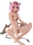 1girl bare_arms bare_legs bare_shoulders barefoot bikini black_bikini bow_(bhp) braid breasts closed_mouth demon_horns demon_tail demon_wings hairband horns looking_at_viewer original pink_eyes pink_hair simple_background single_braid sitting small_breasts smile solo swimsuit tail white_background wings 