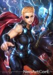  1girl artist_name avengers axe blonde_hair breasts cape cowboy_shot eyepatch genderswap genderswap_(mtf) holding holding_axe large_breasts lightning marvel neoartcore parted_lips red_cape short_hair solo thor_(marvel) watermark web_address 