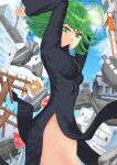  1girl absurdres ass bangs black_dress breasts curly_hair dress goch green_eyes green_hair highres huge_filesize long_sleeves looking_at_viewer one-punch_man scenery short_hair small_breasts solo tatsumaki thighs 