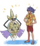  1boy aegislash alternate_costume alternate_hairstyle bangs closed_eyes commentary_request dark_skin dark_skinned_male facial_hair flip-flops gen_6_pokemon knees leon_(pokemon) long_hair male_focus notice_lines pokemon pokemon_(creature) pokemon_(game) pokemon_swsh ponytail purple_hair red_shorts sandals shirt short_sleeves shorts smile standing sunglasses suruga_dbh toes 