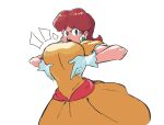  1girl :o annoyed bangs blue_eyes breast_lift breasts brown_hair dress earrings flower_earrings gloves hair_behind_ear jewelry large_breasts super_mario_bros. medium_hair open_mouth plow_(mrplow34) princess princess_daisy v-shaped_eyebrows white_background white_gloves yellow_dress 