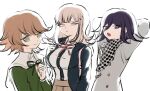  1girl 2boys arms_behind_head bangs black_shirt blunt_bangs breasts brown_hair buttons checkered checkered_scarf collared_shirt dangan_ronpa:_trigger_happy_havoc dangan_ronpa_(series) dangan_ronpa_2:_goodbye_despair dangan_ronpa_v3:_killing_harmony double-breasted dress_shirt eyebrows_visible_through_hair flipped_hair fujisaki_chihiro green_jacket hair_between_eyes hair_ornament hairclip highres jacket large_breasts light_brown_hair long_sleeves looking_at_viewer male_focus medium_hair multiple_boys nanami_chiaki neck_ribbon no_(xpxz7347) open_mouth otoko_no_ko ouma_kokichi pink_eyes pink_neckwear pink_ribbon purple_hair ribbon scarf school_uniform shirt shirt_tucked_in short_hair simple_background spaceship_hair_ornament straitjacket upper_body violet_eyes white_background 