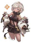  1girl dark_skin dark-skinned_female ear_piercing fiorito_(granblue_fantasy) gazacy_(dai) gloves granblue_fantasy hair_ornament hairclip hand_on_hip highres midriff off-shoulder_jacket piercing short_hair shorts white_hair 