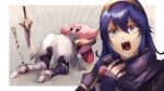 1boy 1girl 1other absurdres armor blue_eyes blue_hair chrom_(fire_emblem) comedy falchion_(fire_emblem) father_and_daughter fingerless_gloves fire_emblem fire_emblem_awakening gloves highres kirby kirby_(series) long_hair looking_at_viewer lucina_(fire_emblem) open_mouth shiburingaru short_hair super_smash_bros. sword tiara translation_request weapon