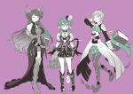  3girls adenine_(xenoblade) book boots breasts brighid_(xenoblade) center_opening chest_jewel fiery_hair flat_chest gloves hat jacket large_breasts medium_breasts mini_hat mini_top_hat multiple_girls open_clothes open_jacket pandoria_(xenoblade) purple_background rubi_nemesis short_hair tail thigh-highs thigh_boots top_hat xenoblade_chronicles_(series) xenoblade_chronicles_2 