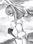  1girl animal_ears blush braid breasts closed_mouth detached_sleeves from_side frown gloves greyscale hand_up highres hololive long_hair monochrome nanashi_(nlo) profile puffy_detached_sleeves puffy_short_sleeves puffy_sleeves rabbit_ears short_sleeves small_breasts solo tears upper_body usada_pekora 