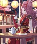  1girl architecture artist_name breasts brown_gloves china_dress chinese_clothes commission cup dragon_girl dragon_horns dress east_asian_architecture english_commentary gloves holding holding_cup horns hua_mei_shi indie_virtual_youtuber lantern looking_down medium_breasts pink_hair pointy_ears ponytail red_dress second-party_source single_glove smile soleilrune solo teacup teapot virtual_youtuber 