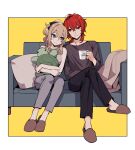  1boy 1girl bangs blonde_hair blue_eyes casual couch cup cushion diluc_ragnvindr genshin_impact hetero highres holding holding_cup holding_stuffed_toy jean_gunnhildr long_hair long_sleeves mug pants ponytail red_eyes redhead rome_romedo shirt simple_background sitting sleeveless slippers smile stuffed_animal stuffed_toy stuffed_turtle 