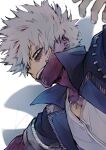  1boy artist_name blue_coat blue_eyes blurry blurry_background boku_no_hero_academia burn_scar coat commentary dabi_(boku_no_hero_academia) ear_piercing fingernails hand_up looking_at_viewer male_focus multicolored_hair open_mouth piercing popo_take popped_collar scar shirt short_hair solo spoilers stitches streaked_hair twitter_username white_hair white_shirt 