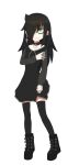  1girl bags_under_eyes black_dress black_hair black_legwear choker cross dress dress_lift earrings gothic gothic_lolita hair_over_one_eye highres jewelry kuroki_tomoko lifted_by_self lolita_fashion long_hair solo sweatdrop watashi_ga_motenai_no_wa_dou_kangaetemo_omaera_ga_warui! 