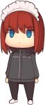  1girl :| arms_at_sides black_pants blue_eyes boa_(brianoa) chibi closed_mouth grey_jacket highres hisui_(tsukihime) jacket jitome maid_headdress medium_hair pants red_eyes redhead shoes simple_background solo standing tsukihime white_background white_footwear 