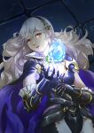  1girl alternate_costume armor bangs breasts collared_shirt corrin_(fire_emblem) corrin_(fire_emblem)_(female) fire_emblem fire_emblem_fates fire_emblem_heroes gloves hairband holding holding_weapon long_hair official_alternate_costume pointy_ears red_eyes shirt upper_body vidolus weapon white_hair 