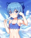  1girl armpits bangs bare_arms bare_shoulders bikini blue_bikini blue_bow blue_eyes blue_hair blue_sky blush bow breasts cirno clouds cloudy_sky commentary_request day eyebrows_visible_through_hair food hair_between_eyes hair_bow hands_up holding holding_food ice_cream mannack navel outdoors parted_lips red_bow sky small_breasts solo stomach swimsuit touhou upper_body 