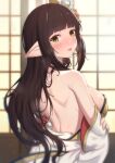  1girl back backless_outfit bangs bare_shoulders black_hair blurry blurry_background blush breasts brown_eyes commentary_request depth_of_field eyebrows_visible_through_hair from_behind hair_ornament highres japanese_clothes kimono long_hair looking_at_viewer looking_back medium_breasts minoto monster_hunter_(series) monster_hunter_rise nose_blush pointy_ears sideboob solo sweat tongue tongue_out uneg very_long_hair white_kimono wide_sleeves 