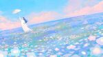  1girl arm_up black_hair blue_sky clouds commentary dress field flower flower_field full_body holding holding_umbrella long_hair long_sleeves looking_up nemophila_(flower) original outdoors pastel_colors pink_cloud scenery sky solo spring_(season) tabisumika umbrella white_dress white_umbrella 