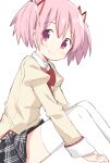  1girl eyebrows_visible_through_hair hair_between_eyes hair_ornament hair_ribbon highres kaname_madoka looking_at_viewer mahou_shoujo_madoka_magica mitakihara_school_uniform neck_ribbon pantyhose pink_eyes pink_hair ribbon school_uniform short_hair sitting skirt tsubaki_(tatajd) twintails white_legwear 