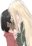  2girls akira_miku_ver blonde_hair brown_hair hands_on_another&#039;s_face hidden_face highres hood hoodie implied_kiss kamikoshi_sorawo kiss multiple_girls nishina_toriko red_hoodie urasekai_picnic yuri 