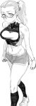 1girl bare_shoulders blush bracelet character_request collarbone copyright_request covered_collarbone earrings glasses greyscale hatching_(texture) highres jewelry long_hair monochrome moto_toshi navel ponytail shoes single_earring sneakers solo turtleneck