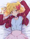  1girl absurdres aikatsu!_(series) aikatsu_stars! arms_up bed_sheet blonde_hair blue_shirt blush bow choker collarbone collared_jacket expressionless frilled_jacket gradient_hair hair_bow heart heart_choker highres jacket kumahubuki long_sleeves looking_at_viewer lying multicolored_hair nijino_yume on_back on_bed open_clothes open_jacket orange_eyes pink_bow pink_hair pink_skirt red_jacket shirt sketch skirt solo sweatdrop twintails upper_body white_choker 