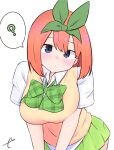  1girl ? bangs blue_eyes blush bow breasts closed_mouth collared_shirt eyebrows_behind_hair go-toubun_no_hanayome green_bow green_ribbon green_skirt hair_between_eyes hair_ribbon highres kujou_karasuma looking_at_viewer medium_breasts nakano_yotsuba pleated_skirt ribbon shirt short_sleeves signature simple_background skirt solo spoken_question_mark sweater_vest white_background white_shirt 