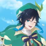  1boy androgynous artist_name bangs beret black_hair blue_hair bow braid brooch cape clouds cloudy_sky collared_cape collared_shirt day english_commentary flower gem genshin_impact ghichuuu gradient_hair green_eyes green_headwear hat hat_flower highres jewelry leaf looking_at_viewer male_focus multicolored_hair one_eye_closed open_mouth outdoors petals shirt short_hair_with_long_locks signature sky smile solo twin_braids venti_(genshin_impact) white_flower white_shirt 