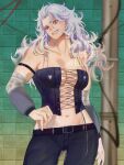  1girl abs artist_request breasts corset dorohedoro earrings jewelry long_hair looking_at_viewer muscular muscular_female navel noi_(dorohedoro) pants red_eyes smile solo white_hair 