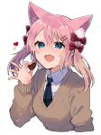 1girl :d animal_ear_fluff animal_ears blue_eyes blue_neckwear bow brown_sweater cat_ears chocolate collared_shirt cropped_torso food hair_between_eyes hair_bow hair_ornament hairclip hand_up heart highres holding holding_chocolate holding_food ikeuchi_tanuma long_hair looking_at_viewer necktie open_mouth original pink_hair red_bow shirt simple_background smile solo sweater twintails upper_body white_background white_shirt wing_collar 