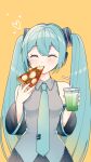  1girl aqua_hair aqua_nails aqua_neckwear bare_shoulders black_skirt black_sleeves closed_eyes cup detached_sleeves drink drinking_straw eating facing_viewer food frilled_shirt frilled_shirt_collar frills grey_shirt hair_ornament hands_up hatsune_miku headphones heart highres holding holding_cup holding_food holding_pizza long_hair masumofu miniskirt nail_polish necktie pizza pleated_skirt shirt skirt sleeveless sleeveless_shirt solo tie_clip twintails very_long_hair vocaloid yellow_background 