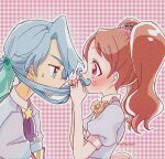 1boy 1girl aji_fry aqua_eyes blue_dress blue_hair blush bow bowtie brown_hair checkered checkered_background collar commentary covered_mouth cravat dress eyebrows_visible_through_hair fake_facial_hair fake_mustache flower_(symbol) food_themed_hair_ornament from_side hair_ornament half-closed_eyes hetero highres kirakira_patisserie_uniform kirakira_precure_a_la_mode leaf_hair_ornament long_hair looking_at_another low_ponytail outline pikario_(precure) pink_eyes pink_neckwear ponytail precure puffy_short_sleeves puffy_sleeves purple_neckwear short_sleeves star_(symbol) strawberry_hair_ornament sweatdrop twintails twitter_username upper_body usami_ichika white_collar white_outline