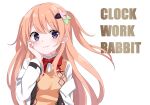 1girl bangs bow bowtie brown_hair closed_mouth dress_shirt eyebrows_visible_through_hair flower gochuumon_wa_usagi_desu_ka? hair_between_eyes hair_flower hair_ornament hairclip hand_on_own_cheek hand_on_own_face hoto_cocoa long_hair long_sleeves looking_at_viewer pink_flower red_bow red_neckwear shiny shiny_hair shirt smile solo sweater_vest tawai twintails upper_body very_long_hair violet_eyes white_background white_shirt 
